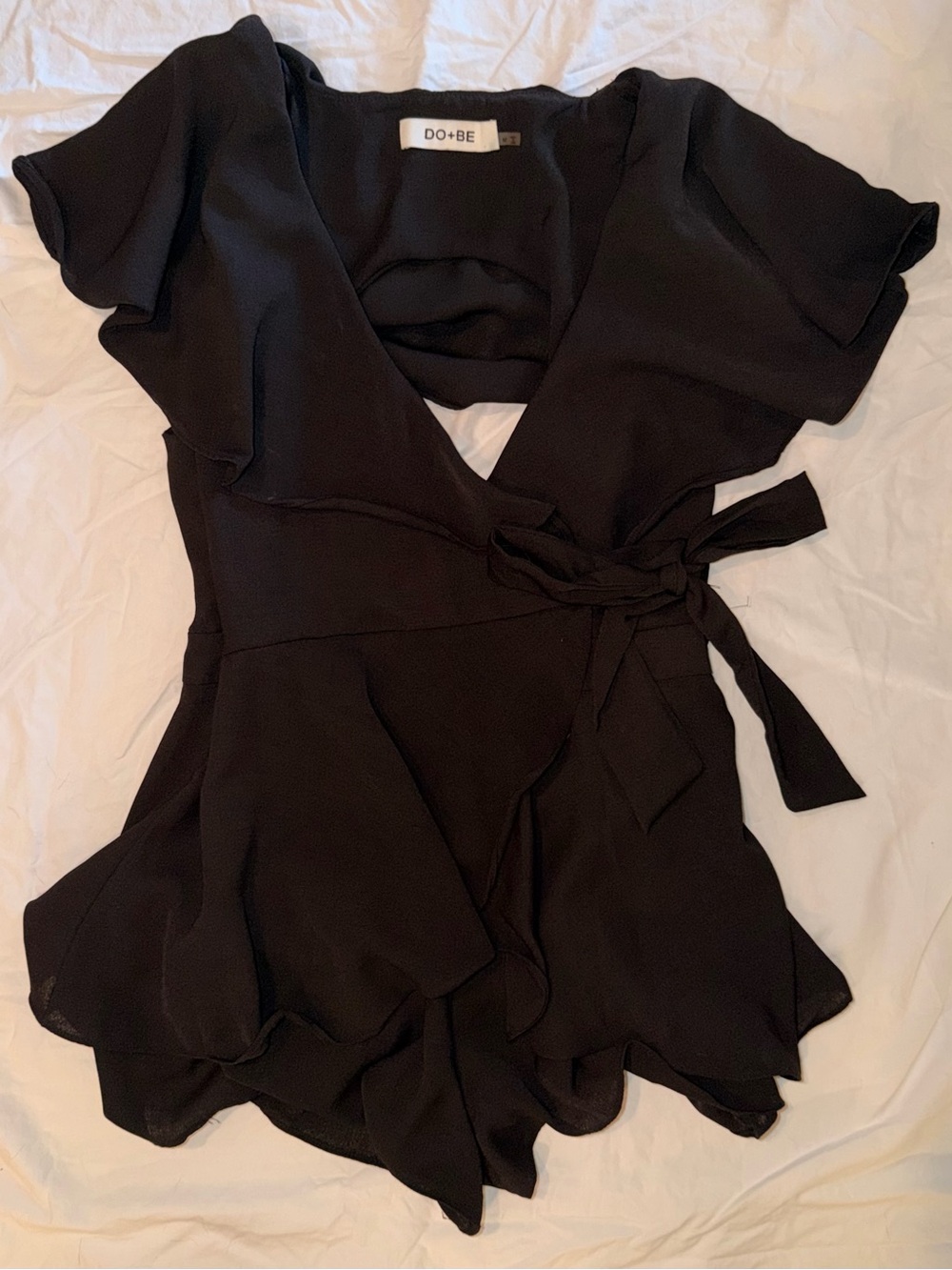 DO+BE Black Wrap Short Flutter-Sleeve Blouse